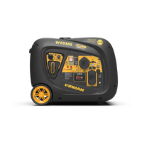 The FIRMAN Power Equipment INVERTER PORTABLE GENERATOR 3650W WITH CO ALERT is a black and yellow portable inverter generator featuring a control panel, start button, wheels, and handles. This fuel-efficient generator offers reliable power on the go.