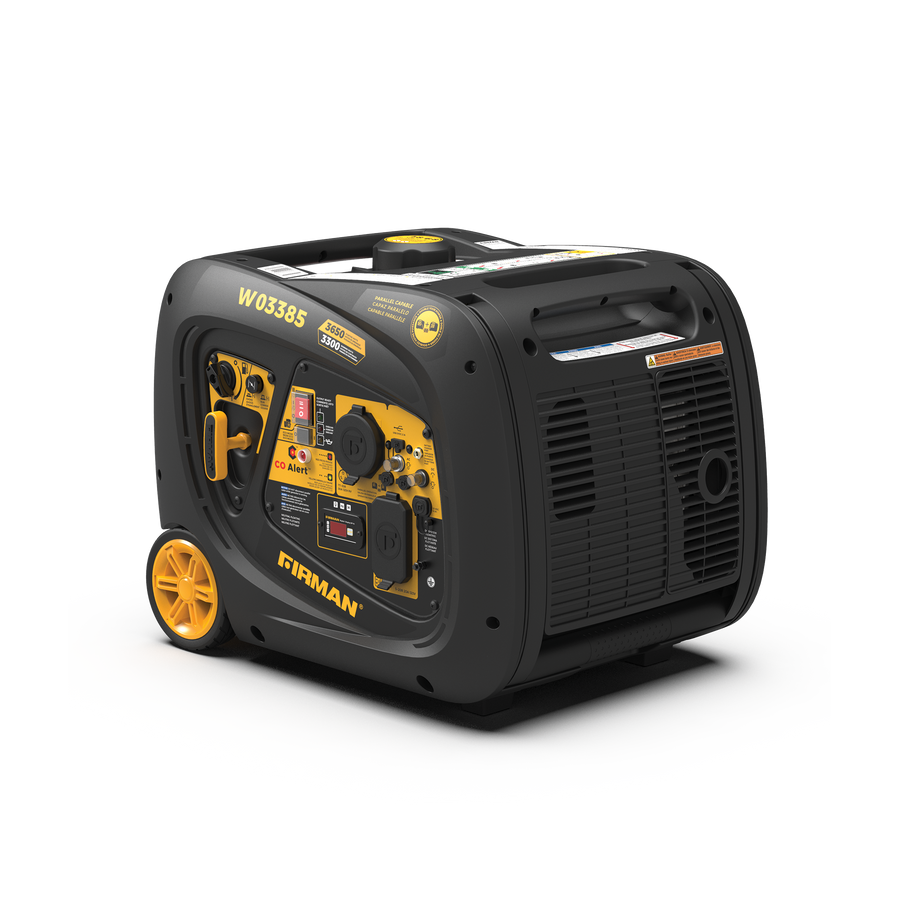 The INVERTER PORTABLE GENERATOR 3650W WITH CO ALERT from FIRMAN Power Equipment sports a striking black and yellow design, equipped with multiple outlets, a control panel, and a convenient handle for effortless transportation. This fuel-efficient generator is perfect for reliable power on the go.