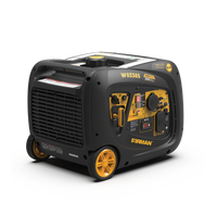 A black and yellow fuel-efficient generator with the label "INVERTER PORTABLE GENERATOR 3650W WITH CO ALERT" from FIRMAN Power Equipment featuring multiple knobs and switches, a set of wheels, and a handle for easy transport.