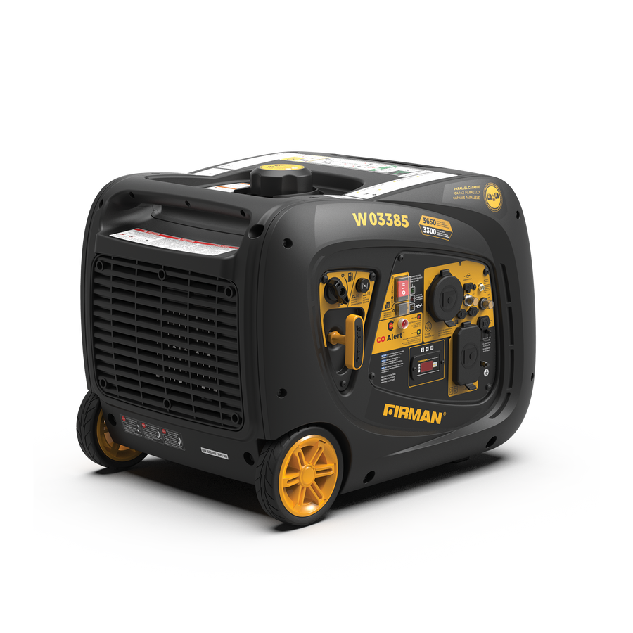 A black and yellow fuel-efficient generator with the label "INVERTER PORTABLE GENERATOR 3650W WITH CO ALERT" from FIRMAN Power Equipment featuring multiple knobs and switches, a set of wheels, and a handle for easy transport.