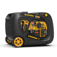 The FIRMAN Power Equipment Inverter Portable Generator 4125W Remote Start with CO ALERT features yellow accents, a control panel, and wheels for easy transport—ideal as an RV generator for camping or travel. Shown against a plain white background.