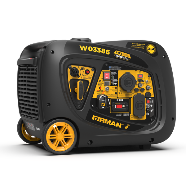 The FIRMAN Power Equipment Inverter Portable Generator 4125/3300W Remote Start with CO ALERT features yellow and black controls, buttons, and dials. Shown on wheels against a plain background, this quiet generator is ideal for camping or travel needs.