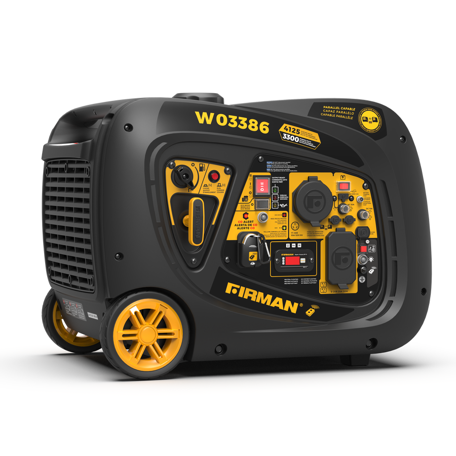 The FIRMAN Power Equipment Inverter Portable Generator 4125W Remote Start with CO ALERT features yellow accents, a control panel, and wheels for easy transport—ideal as an RV generator for camping or travel. Shown against a plain white background.