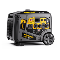 Portable FIRMAN Power Equipment W05381 Gas Inverter Portable Generator 6850/5500 Watt 120/240V CO Alert with wheels, featuring multiple outlets and an eco mode, predominantly black and yellow.