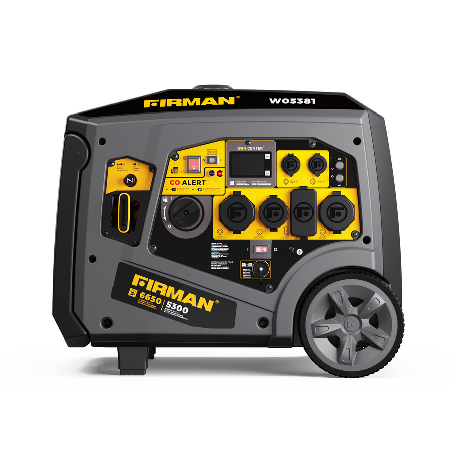 A FIRMAN Power Equipment Gas Inverter Portable Generator 6850/5500 Watt 120/240V CO Alert with wheels, featuring a black and yellow casing and multiple power output sockets.