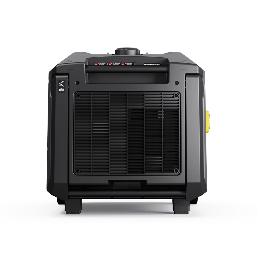 Portable generator in black with multiple outlets and a large vent on the front, featuring eco mode, control buttons, and a carrying handle on top: FIRMAN Power Equipment Gas Inverter Portable Generator 6850/5500 Watt 120/240V CO Alert