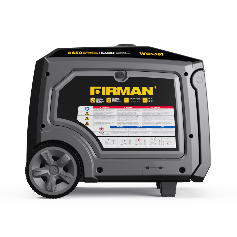 Portable FIRMAN Power Equipment W05381 Gas Inverter Portable Generator 6850/5500 Watt 120/240V CO Alert on wheels, featuring control labels and safety warnings on a steel casing with a black and yellow color scheme.