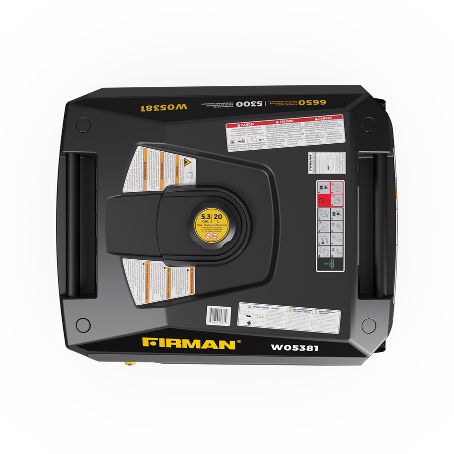 Top view of a FIRMAN Power Equipment Gas Inverter Portable Generator 6850/5500 Watt 120/240V CO Alert, featuring a black casing with various warning labels and a yellow fuel cap.