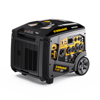 Portable FIRMAN Power Equipment Gas Inverter Portable Generator 6850/5500 Watt 120/240V CO Alert on wheels, featuring eco mode, multiple control knobs and power outlets, isolated on a white background.