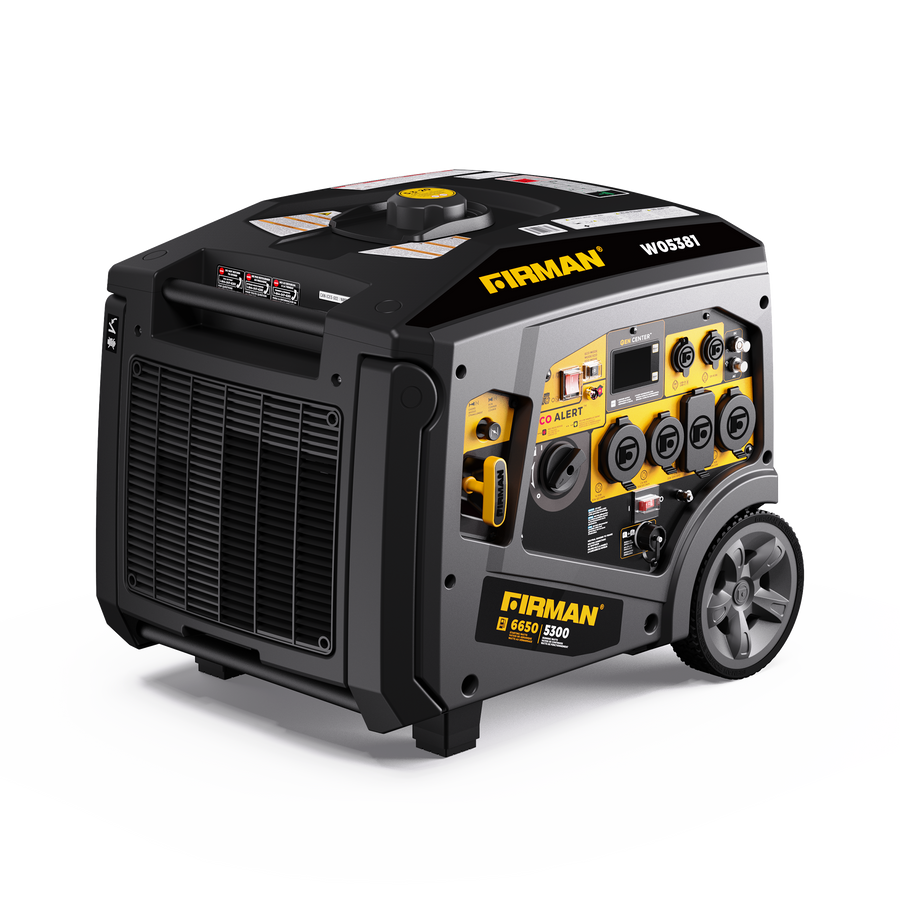 Portable FIRMAN Power Equipment Gas Inverter Portable Generator 6850/5500 Watt 120/240V CO Alert on wheels, featuring eco mode, multiple control knobs and power outlets, isolated on a white background.