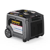 A Gas Inverter Portable Generator 6850/5500 Watt 120/240V CO Alert from FIRMAN Power Equipment with wheels and a gray body, displaying warning labels and controls on the side.
