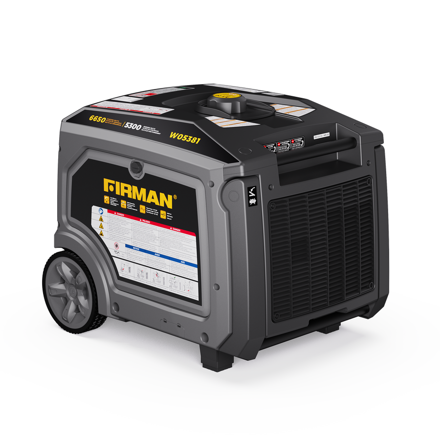A Gas Inverter Portable Generator 6850/5500 Watt 120/240V CO Alert from FIRMAN Power Equipment with wheels and a gray body, displaying warning labels and controls on the side.