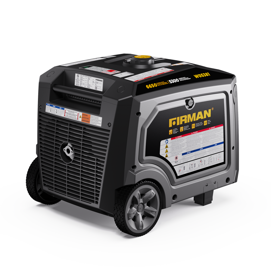 Portable black FIRMAN Power Equipment Gas Inverter Portable Generator 6850/5500 Watt 120/240V CO Alert generator with wheels, featuring eco mode, control panel and warning labels on a white background.