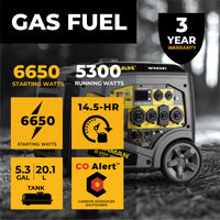 An advertisement for the FIRMAN Power Equipment Gas Inverter Portable Generator 6850/5500 Watt 120/240V CO Alert featuring key specifications such as power output, tank capacity, and a carbon monoxide shutdown safety feature.