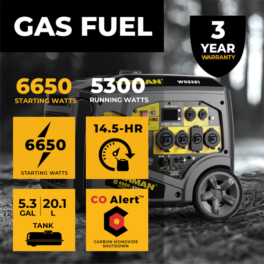 An advertisement for the FIRMAN Power Equipment Gas Inverter Portable Generator 6850/5500 Watt 120/240V CO Alert featuring key specifications such as power output, tank capacity, and a carbon monoxide shutdown safety feature.