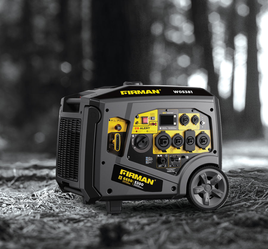 A Gas Inverter Portable Generator 6850/5500 Watt 120/240V CO Alert generator on a forest floor, featuring multiple power outlets and control knobs, with trees blurred in the background.