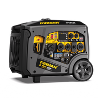 The FIRMAN Power Equipment Gas Inverter Portable Generator 7850/6300 Watt with remote start, 120/240V, CO Alert, and multiple outlets is shown on a white background; large wheels provide easy portability.