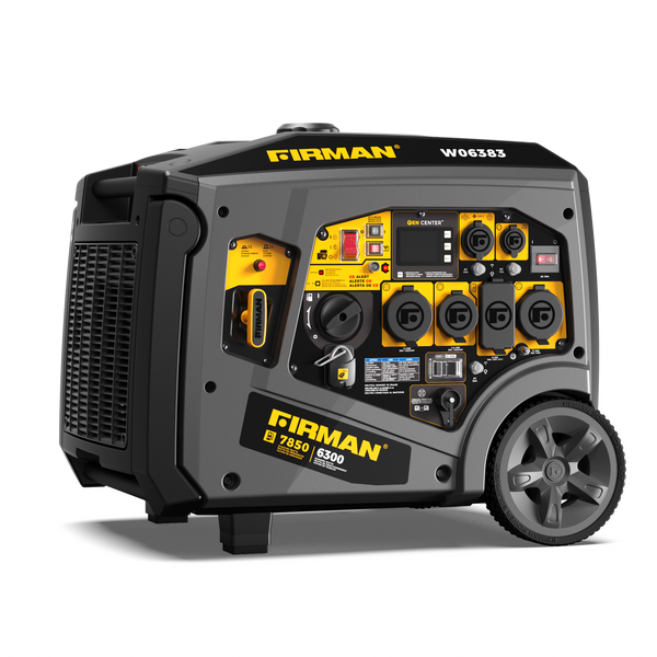 The FIRMAN Power Equipment Gas Inverter Portable Generator 7850/6300 Watt with remote start, 120/240V, CO Alert, and multiple outlets is shown on a white background; large wheels provide easy portability.