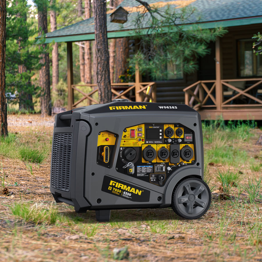 The FIRMAN Power Equipment Gas Inverter Portable Generator 7850/6300 Watt with remote start and CO Alert sits on the grass by a wooden cabin, providing reliable portable power in a peaceful, tree-filled setting.