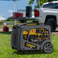 A FIRMAN Power Equipment Gas Inverter Portable Generator 7850/6300 Watt Remote Start 120/240V CO Alert sits on grass, with a pickup truck, folding table, and outdoor gear in the background.