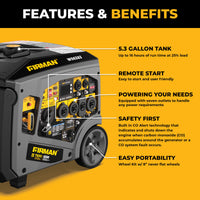 The FIRMAN Power Equipment Gas Inverter Portable Generator 7850/6300 Watt features a 5.3-gallon tank, remote start, multiple 120/240V outlets, CO Alert safety sensor, and heavy-duty wheels for quiet portable power.