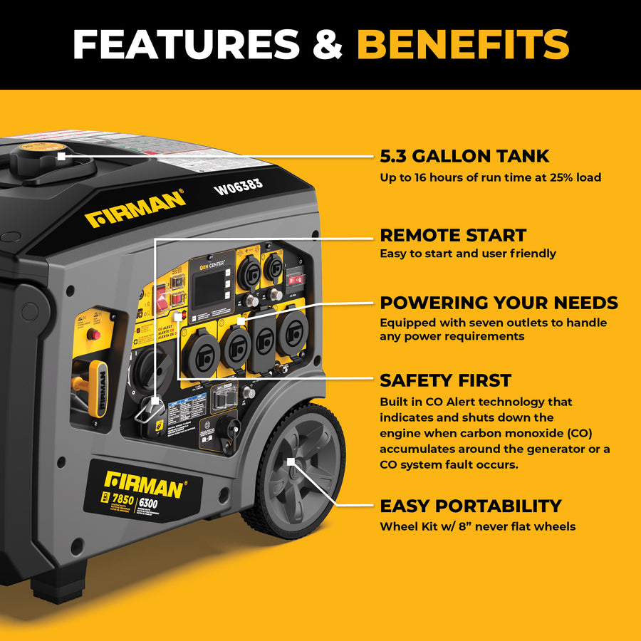 The FIRMAN Power Equipment Gas Inverter Portable Generator 7850/6300 Watt features a 5.3-gallon tank, remote start, multiple 120/240V outlets, CO Alert safety sensor, and heavy-duty wheels for quiet portable power.