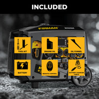 The FIRMAN Power Equipment Gas Inverter Portable Generator 7850/6300W 120/240V with CO Alert is shown with icons for included items: tool kit, engine oil, oil funnel, battery, remote start control, and battery charger cable.