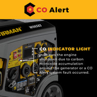 Close-up of the FIRMAN Power Equipment Gas Inverter Portable Generator 7850/6300 Watt Remote Start 120/240V CO Alert control panel, showing the highlighted CO Alert indicator and automatic engine shutdown explanation.