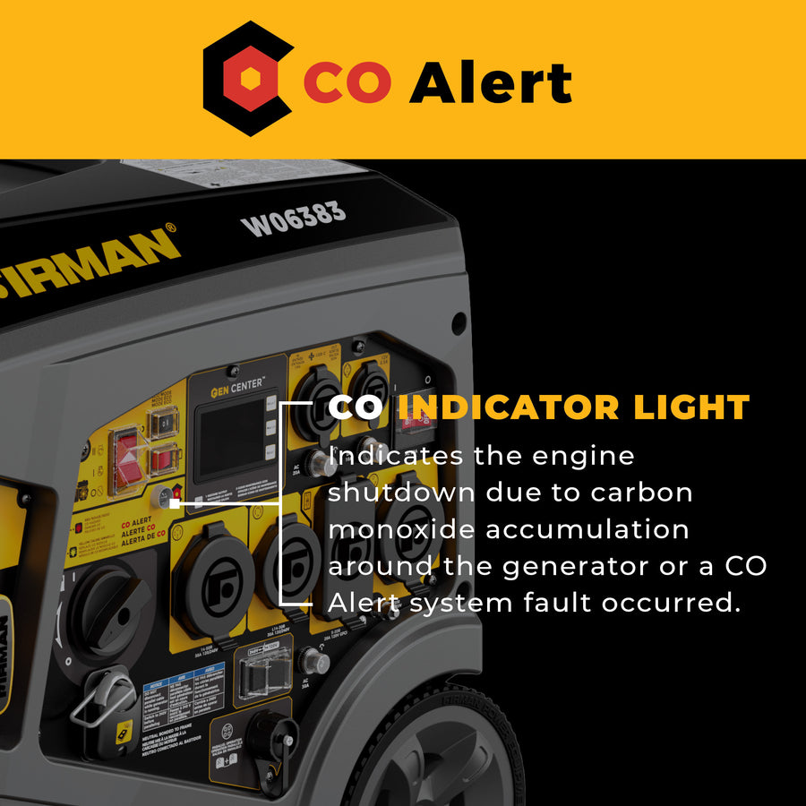 Close-up of the FIRMAN Power Equipment Gas Inverter Portable Generator 7850/6300 Watt Remote Start 120/240V CO Alert control panel, showing the highlighted CO Alert indicator and automatic engine shutdown explanation.