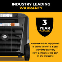Close-up of the FIRMAN Power Equipment Gas Inverter Portable Generator 7850/6300 Watt Remote Start 120/240V CO Alert, featuring a quiet operation and FIRMAN’s industry-leading 3-year warranty on every new generator.
