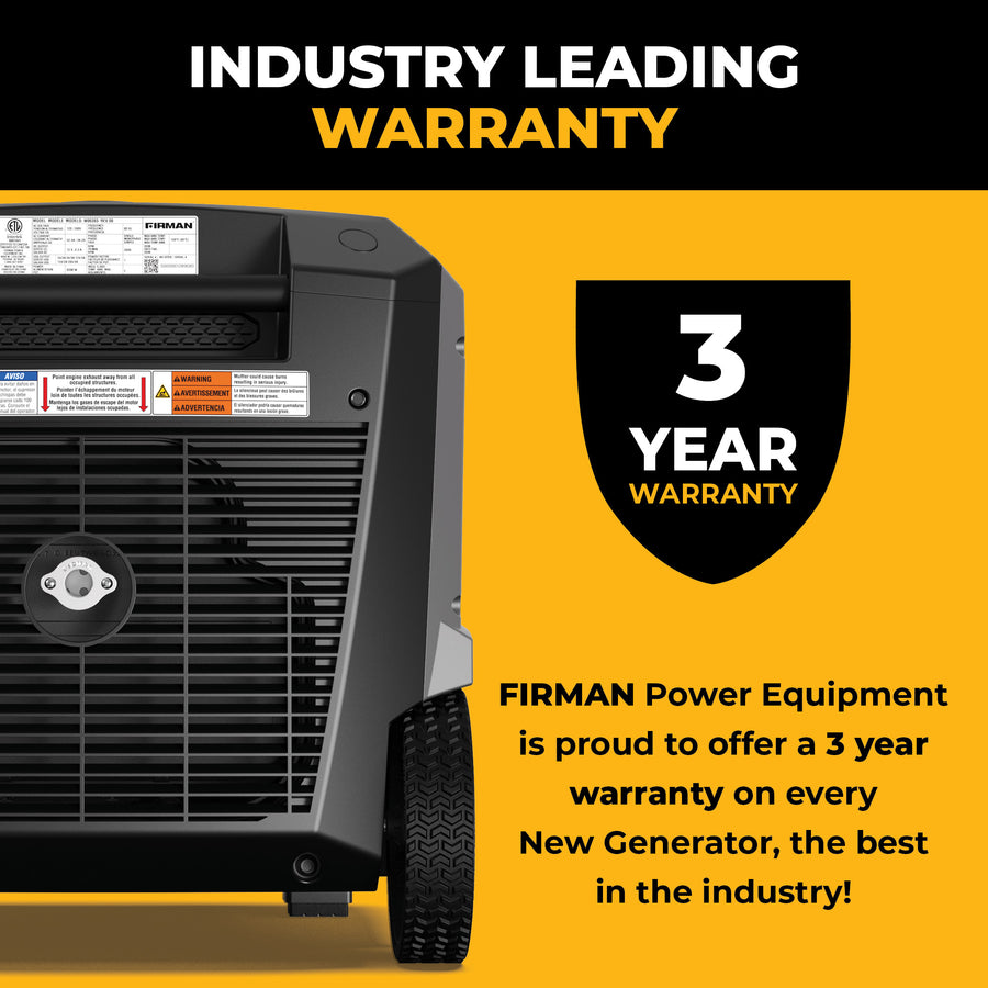 Close-up of the FIRMAN Power Equipment Gas Inverter Portable Generator 7850/6300 Watt Remote Start 120/240V CO Alert, featuring a quiet operation and FIRMAN’s industry-leading 3-year warranty on every new generator.