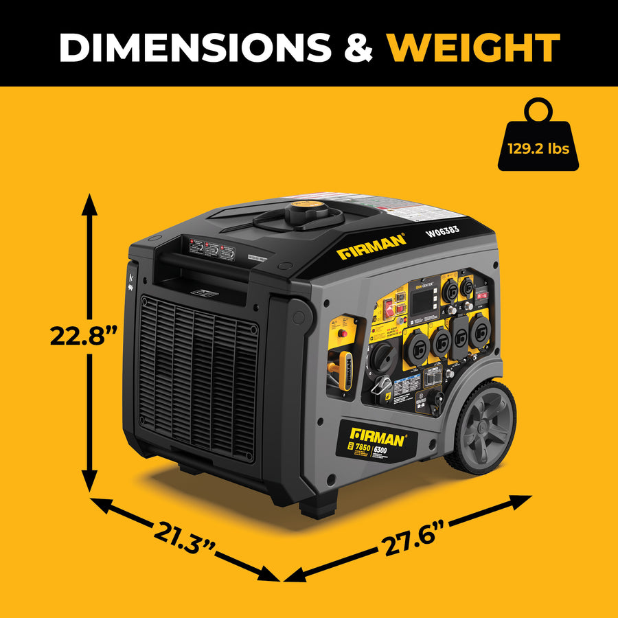 The FIRMAN Power Equipment Gas Inverter Portable Generator 7850/6300 Watt with remote start and CO Alert is a portable 120/240V unit, ideal for reliable power on the go.