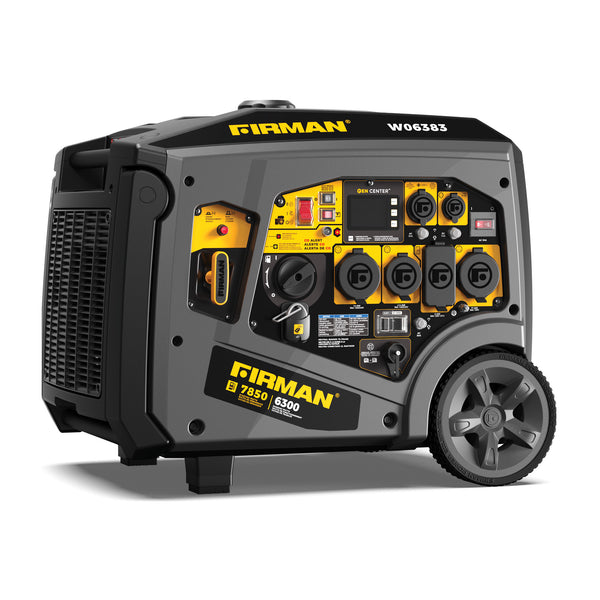 The FIRMAN Power Equipment Gas Inverter Portable Generator (7850/6300 Watt, 120/240V, CO Alert) offers quiet operation, remote start, a control panel with multiple outlets, handle, and wheels for easy mobility. Shown against a white background.