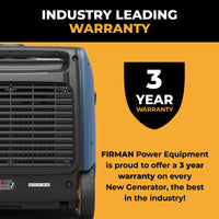 Partial view of the FIRMAN Power Equipment Dual Fuel Inverter Portable Generator 3200W Electric Start beside text announcing a 3-year warranty on all new generators, including RV-ready models.