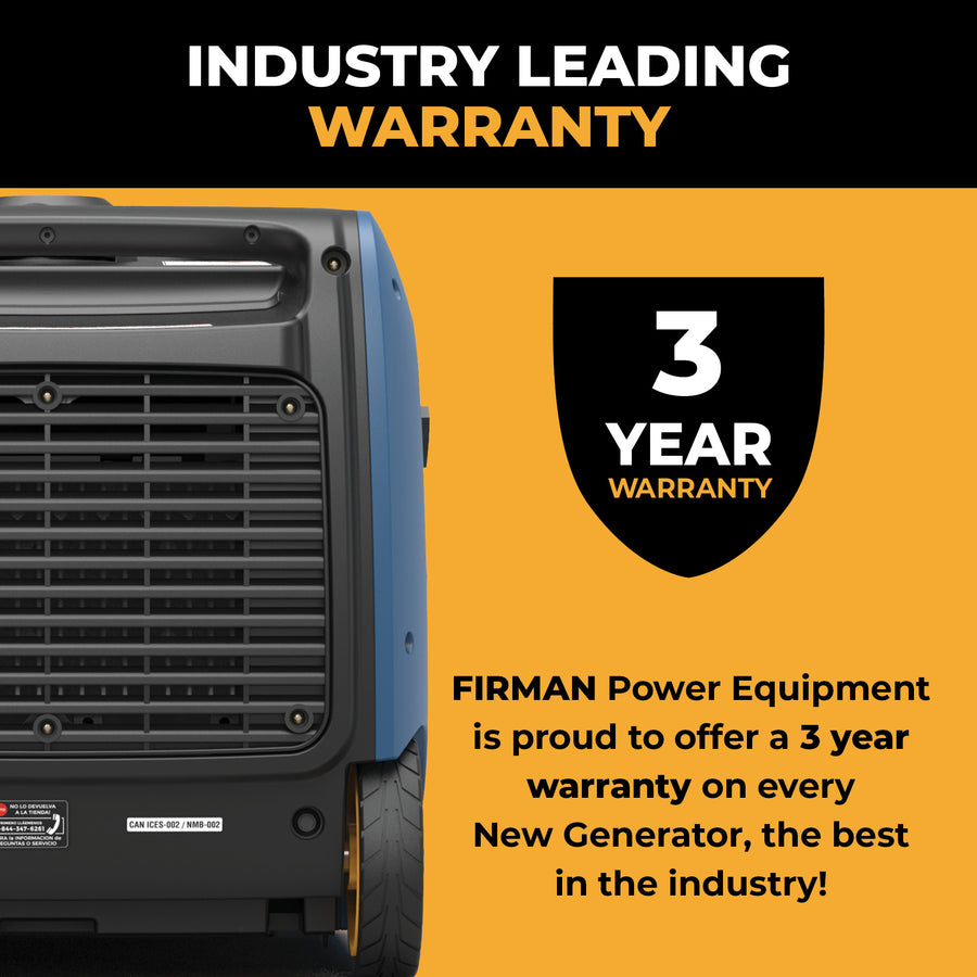Partial view of the FIRMAN Power Equipment Dual Fuel Inverter Portable Generator 3200W Electric Start beside text announcing a 3-year warranty on all new generators, including RV-ready models.