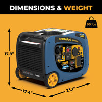 The FIRMAN Power Equipment Dual Fuel Inverter Portable Generator 3200W Electric Start is RV-ready, measures 17.8" x 17.4" x 23.1", weighs 90 lbs, and is shown on an orange background.