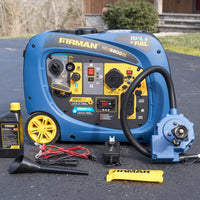 A FIRMAN Power Equipment Dual Fuel Inverter Portable Generator 3200W Electric Start with control panel, oil, funnel, cables, power adapter, manual, and accessories displayed on a driveway.
