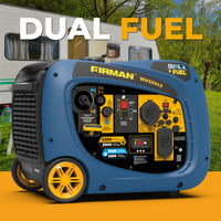 The FIRMAN Power Equipment Dual Fuel Inverter Portable Generator 3200W Electric Start sits on grass before a white camper. "DUAL FUEL" text highlights this RV-ready generator, ideal for your outdoor adventures.