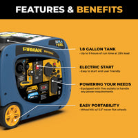 Close-up of the FIRMAN Power Equipment Dual Fuel Inverter Portable Generator 3200W Electric Start, showing control panel, labeled features, 1.8-gallon tank, five outlets, and wheels for easy transport.