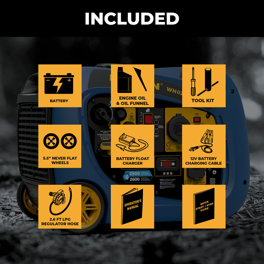Image shows what’s included with the FIRMAN Power Equipment Dual Fuel Inverter Portable Generator 3200W Electric Start: battery, engine oil & filter funnel, tool kit, wheels, battery float charger, 12V charging cable, LPG hose, user manual & cover.