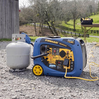 Blue FIRMAN Power Equipment RV-ready dual-fuel generator connected to a propane tank, situated on a gravel surface with greenery and picnic tables in the background.