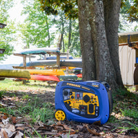 Portable FIRMAN Power Equipment Dual Fuel Inverter 4000W W/ Electric Start RV-ready generator on grass near a tree with kayaks stacked in the background.