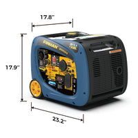 A blue FIRMAN Power Equipment refurbished dual fuel inverter 4000W with electric start portable generator with dimensions labeled, featuring a control panel with multiple outlets and warning labels, equipped with yellow wheels.