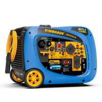 The FIRMAN Power Equipment Dual Fuel Inverter Portable Generator 4000W Electric Start with CO ALERT features a control panel, outlet plugs, power settings, and two black wheels for easy mobility.