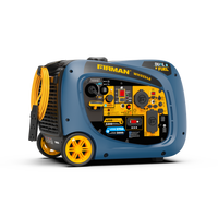 A blue and yellow FIRMAN Power Equipment Dual Fuel Inverter Portable Generator 4000/3200W Electric Start with CO ALERT, featuring a control panel, wheels, and attached cables, is set against a plain white background.