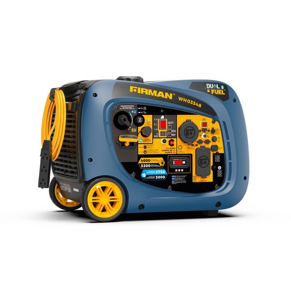 A blue and yellow FIRMAN Power Equipment Dual Fuel Inverter Portable Generator 4000/3200W Electric Start with CO ALERT, featuring a control panel, wheels, and attached cables, is set against a plain white background.