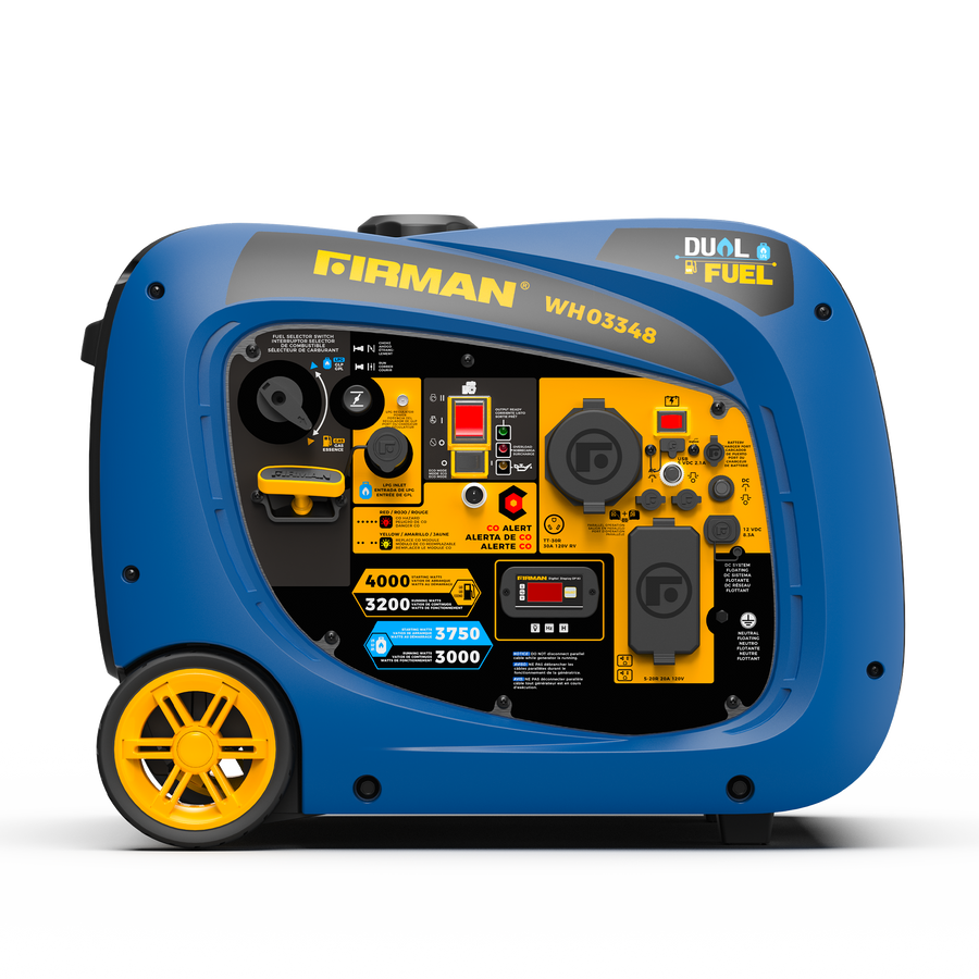 FIRMAN Power Equipment Dual Fuel Inverter Portable Generator 4000W Electric Start with CO ALERT, featuring versatile controls, multiple outlets, wheels, and handle, displayed against a plain white background.
