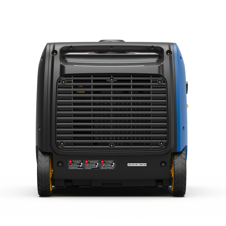 A FIRMAN Power Equipment Dual Fuel Inverter Portable Generator 4000W Electric Start with CO ALERT is shown with a black front grille, side wheels, and warning labels, photographed against a white background.
