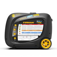 The FIRMAN Power Equipment Dual Fuel Inverter Portable Generator 4000W Electric Start with CO ALERT is portable, features yellow wheels, and displays safety instructions and specifications on its side panel.