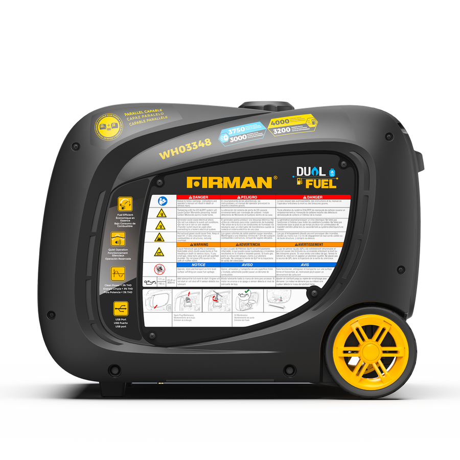 The FIRMAN Power Equipment Dual Fuel Inverter Portable Generator 4000W Electric Start with CO ALERT is portable, features yellow wheels, and displays safety instructions and specifications on its side panel.